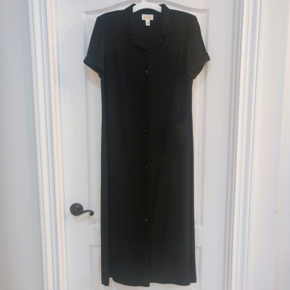 Talbots Black Maxi Button Down Dress Black Vintage Shoulder Pads Short Sleeve - Picture 3 of 10